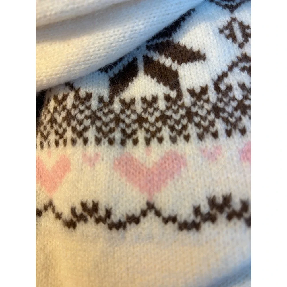 SHEIN Cream Fair Isle Hooded Sweater Snowflake Heart Henley Pullover Small